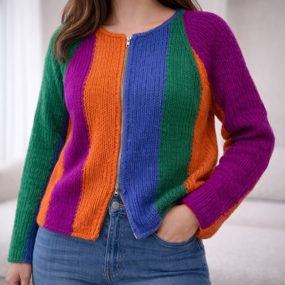 Hand Knit Italy Pantino Colorful Striped‎ Wool Blend Zip Up Cardigan